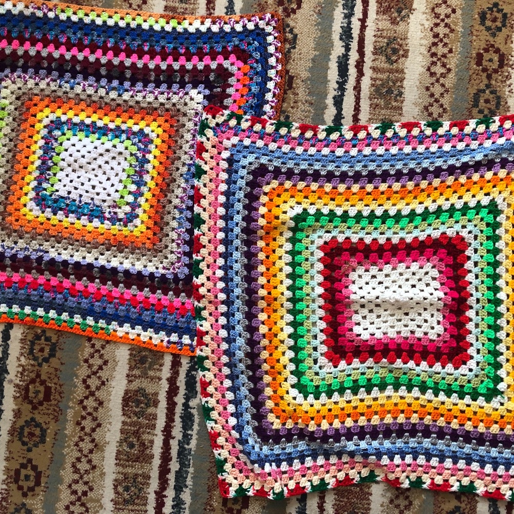 2 Granny Square Crochet Afghan Blankets Throw Multicolor Hippy Boho Retro
